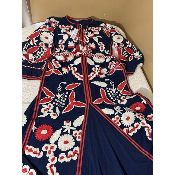 NWT Frances Valentine Geraldine Cotton Embroidery Floral Navy Red Dress Size XS - Picture 4 of 16